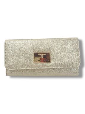 Tahari Metallic Gold RFID Wallet Faux Leather Textured Snap Clutch Purse